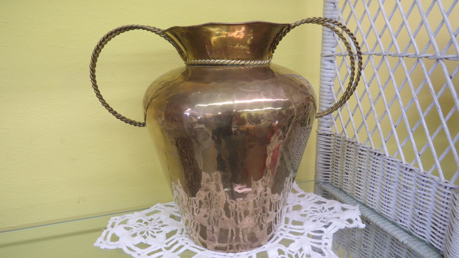 Vintage Hammered Brass Vase Rope Design Handles.