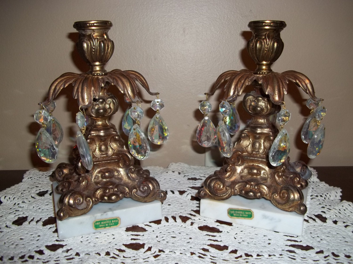 ACCURATE Cast Brass Candle Holders Crystal Teardrop Prisms