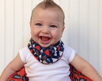 Aztec Baby scarf / toddler scarf / drool bib / hipster scarf / Triangle Blue Grey Orange