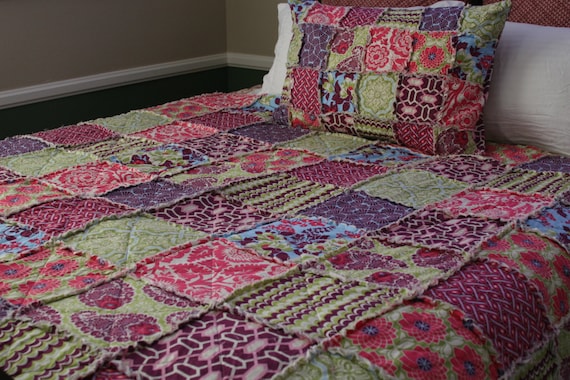 Queen Quilt, Rag Quilt, Joel Dewberry's Heirloom in Sapphire Collection, purple, pink, and green