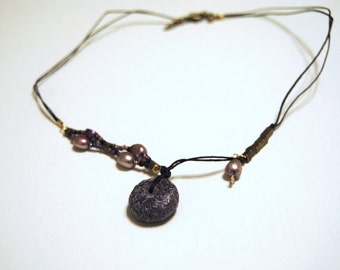 Purple and Gold-Tone Hemp Beaded Necklace