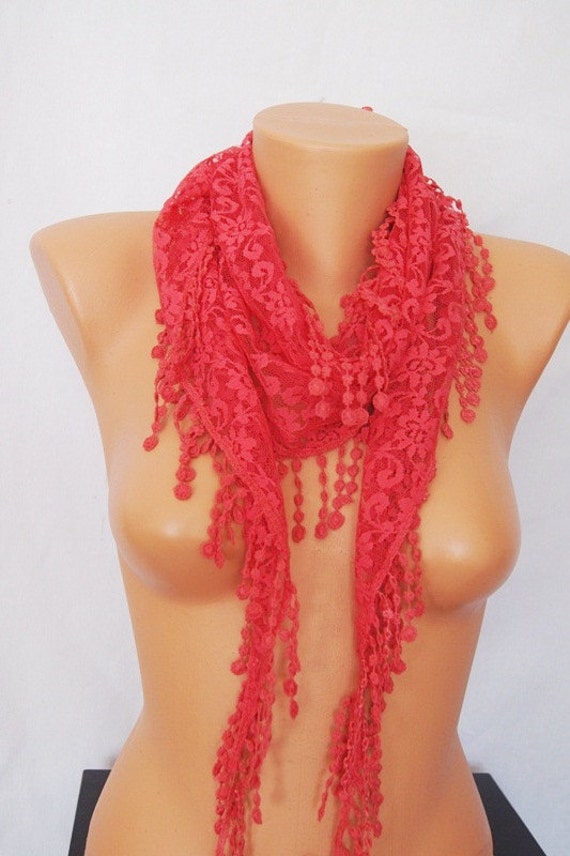 Hot Pink Lace Scarf With Lace Fringelariat By SpecialFabrics