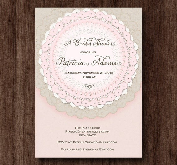 Lace doily bridal shower invite| Printable invitation| Rustic Kraft wedding shower invitation| pink bridal shower invites Il_570xn