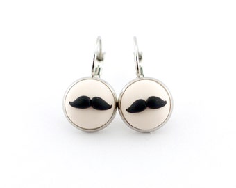 Black mustache earrings - black and white cabochon earrings - polymer clay dangling earrings
