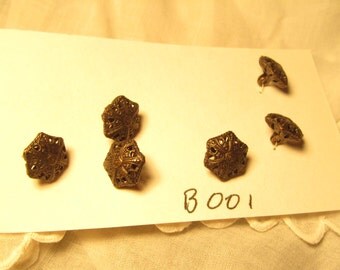 vintage buttons, six small dark metal filigree with shanks