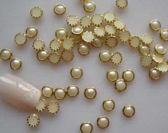100pcs Cute 5mm Pearl with Gold Outside Decoration Nail Art decoration OD-96