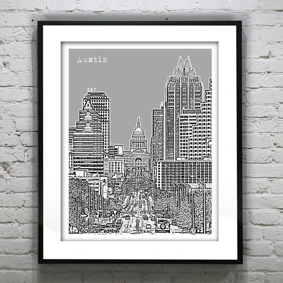 Austin Texas Poster Downtown City skyline Art Print Austin