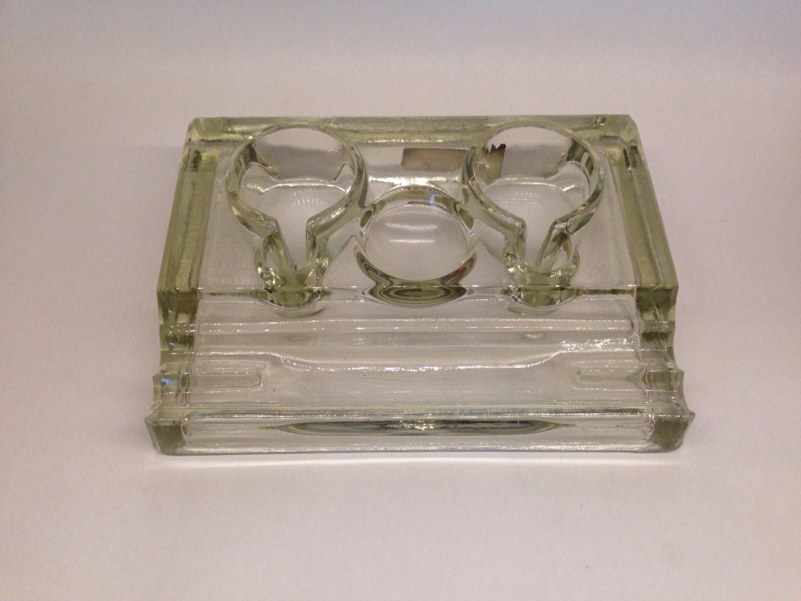 Old Pressed Glass Double Inkwell Pen Holder Heavy Bubbles in