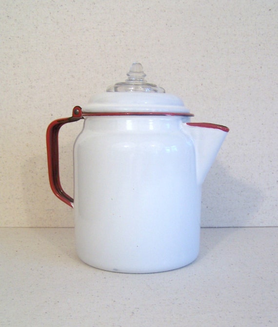 Vintage enamelware coffee pot percolator white with red trim