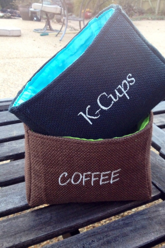 Embroidered burlap basket for storing Keurig k cups. Coffee