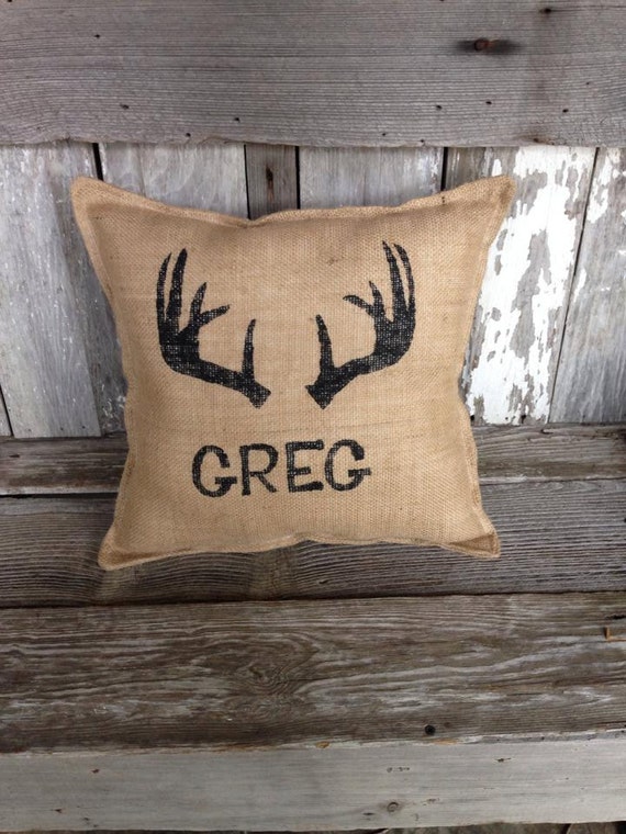 Items similar to Personalized Burlap Pillow Custom Name Antlers on Etsy