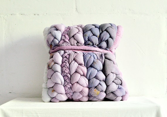 Pink "plait" pillowcase with yellow spots - dyed, decorative, handmade cushions.