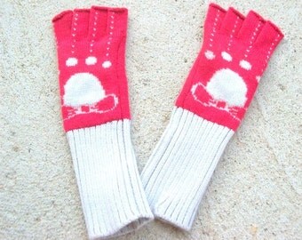 Vintage Gloves, Fingerless Gloves, Red Gloves, Vintage Red Gloves, Red & Gray Gloves, Bow Print Gloves, Polka Dot Gloves, Extra Long Gloves