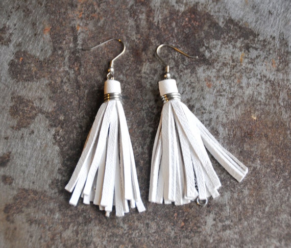 White leather tassel earrings