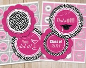 Graduation cupcake toppers / Graduation printable stickers / Graduation party decoration / 2" zebra - hot pink round digital printables Il_170x135