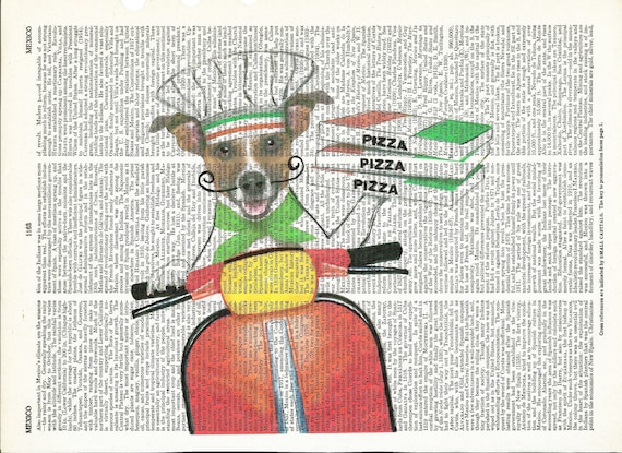 Dictionary Art Print Pizza Deliery Dog   Dictionary Art Print on Upcycle Vintage Page Book Print Art Print Dictionary Print Collage Print