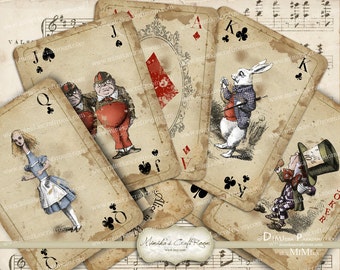 Alice in Wonderland playing cards printable digital collage sheet