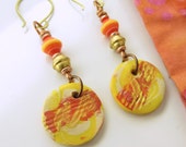 BACK2SCHOOL SALE!  Orange, red, yellow, and gold polymer clay earrings with brass and copper wire and beads