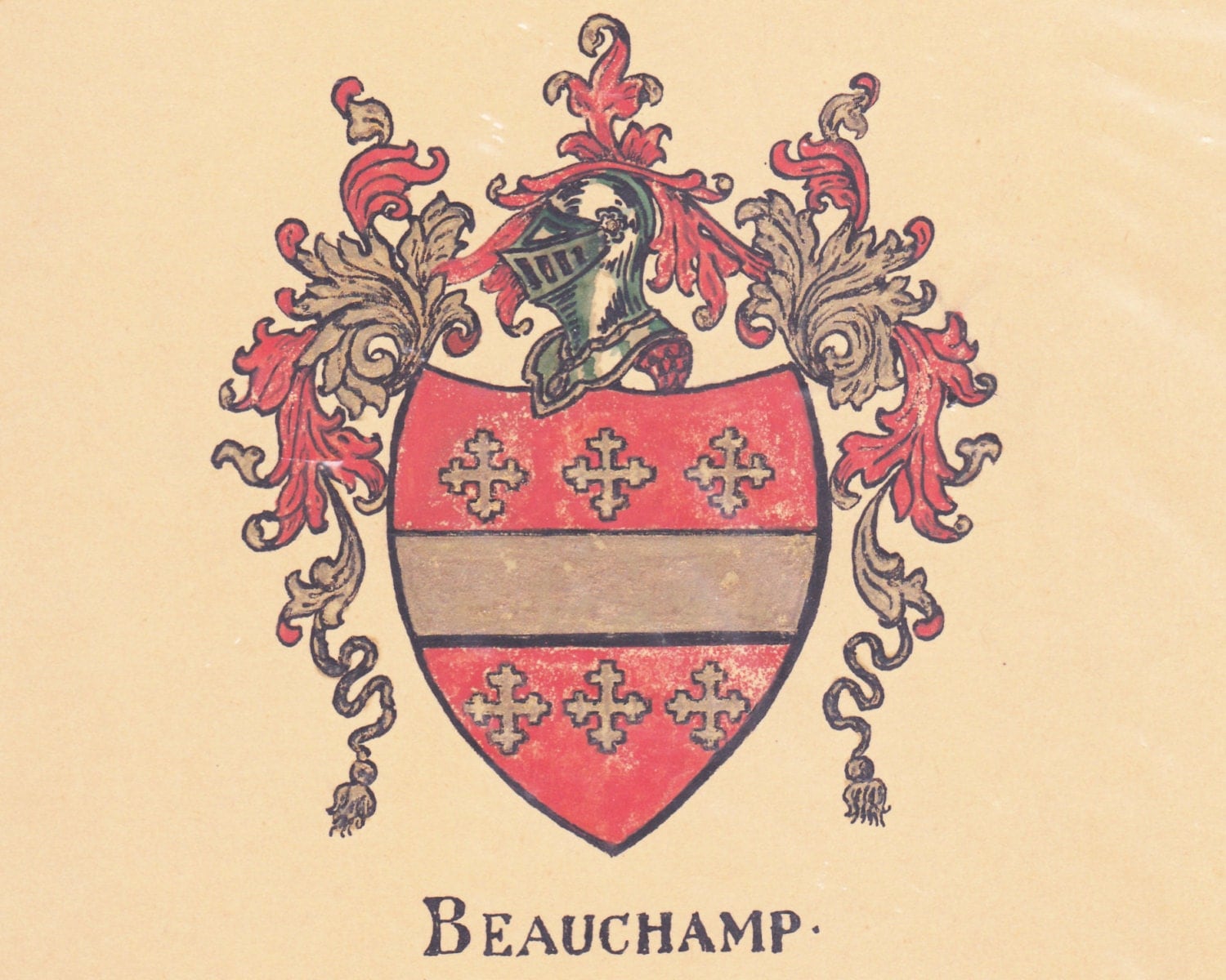 Vintage Coat of Arms Illustration Beauchamp Surname Original