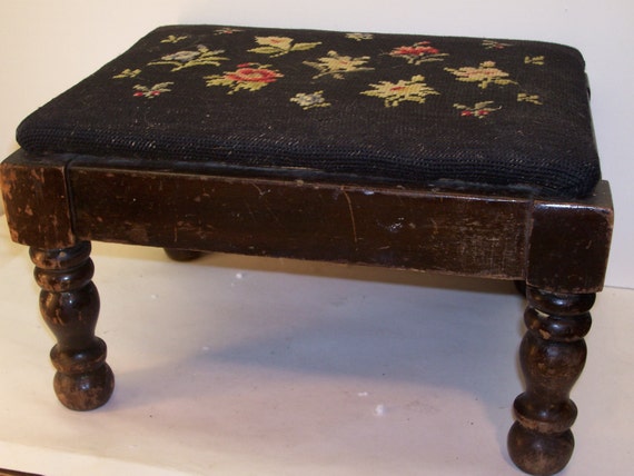 Antique Needlepoint Footstool With Flower by GarageSaleGlass