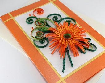 Mom Birthday Quilling Card - Paper Handmade Greeting Card - Quilled Orange Gerbera - 5"x8"