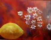 Lemon Daisy Still Life Food Art Impressionistic Original Oil Painting Lemon Daisy Still Life Food Art Impressionistic Original Oil Painting
