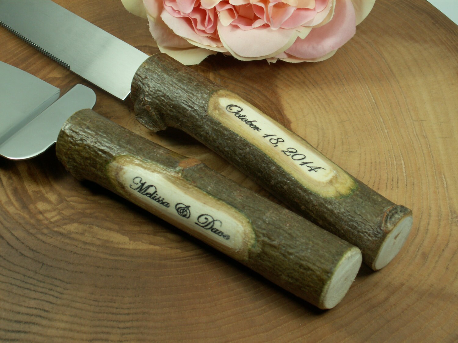 Rustic oak wood  cake  knifecake serving set  rustic wedding 