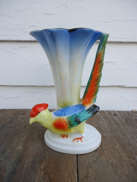Hand painted Iridescent Bird Bud Vase