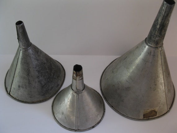 3 galvanized metal funnels / nesting funnels