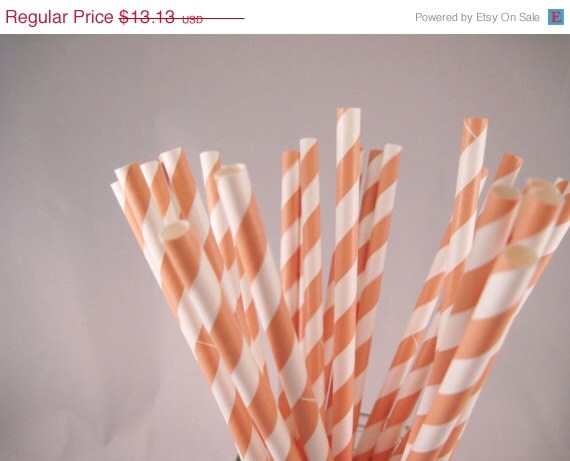 ON SALE - 100 Peach Stripe Straws - ships less than 24 hours Il_570xn