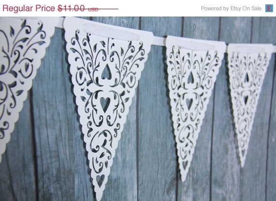 ON SALE - White Paper Lace Triangle Banner Pennant Garland Bunting Photo Prop Love Family Party reusable banner Il_570xn