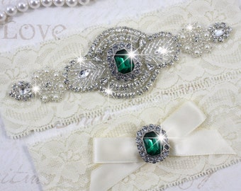 SALE - PRISCILLA - Emerald Garter Set, Wedding Stretch Lace Garter, Rhinestone Crystal Bridal Garters