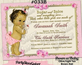 Vintage Baby Girl Shower Invitations / shabby chic teddy bear girls PINK DAMASK roses floral retro victorian Custom Digital Invitation #033B