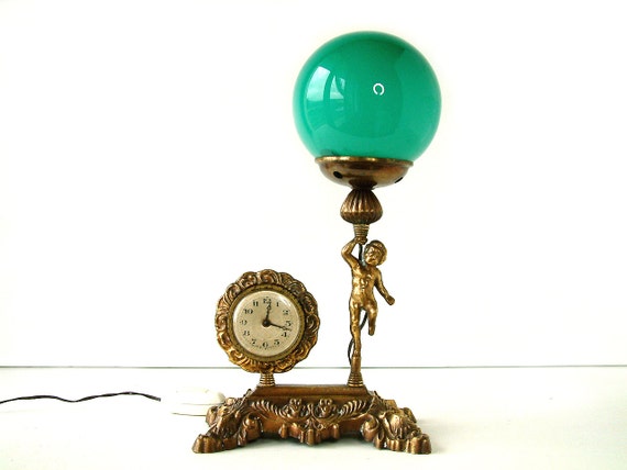 glass green and lamp lamp clock mechanical / cherub opaline milk cherub  sculpture  with milk a