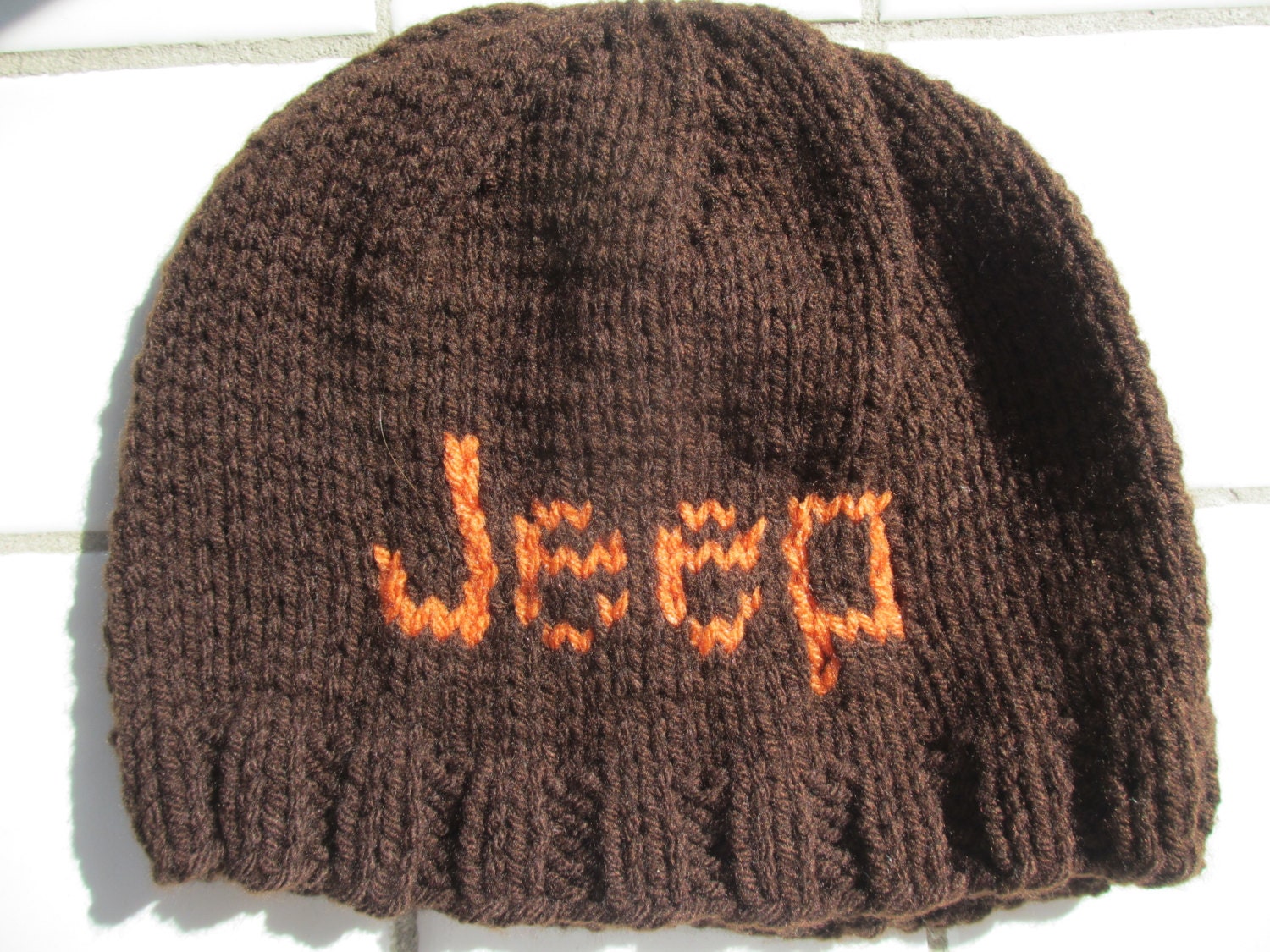 Hand knit Jeep Beanie medium brown w/ orange