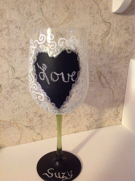 Chalkboard painted wine glass by MsSuzyQsClassyGlass on Etsy