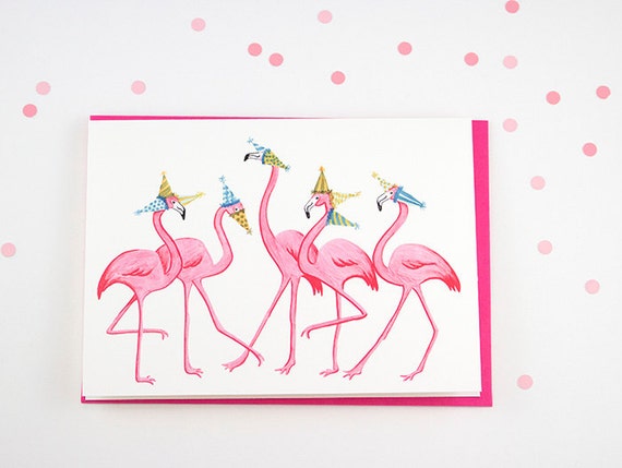 Pink Flamingo birthday card 5 flamingo parade by AmelieLegault