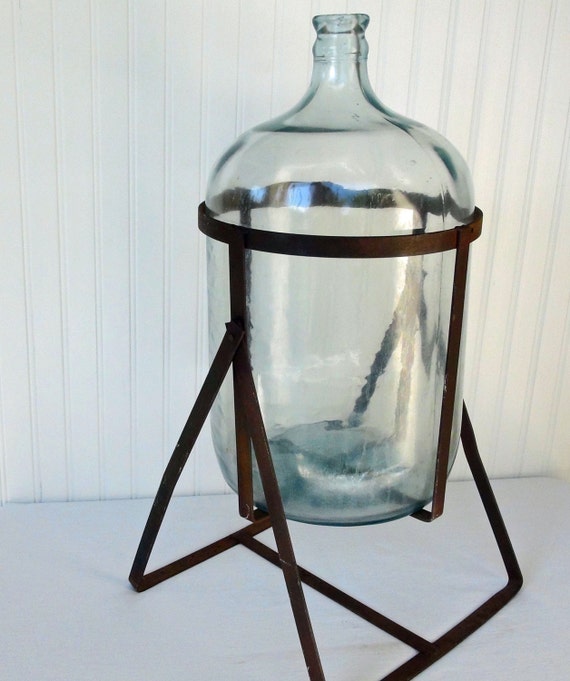 Vintage Glass Carboy Bottle and Metal Stand Rustic Chic