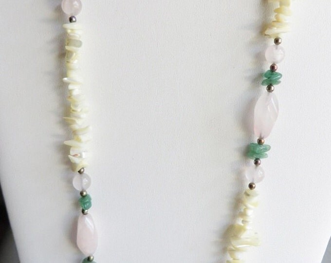 Jade, MOP, Quartz Necklace, Vintage Long Shell and Stone Necklace, FREE SHIPPING