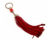 Red Tassel Keychain, Tassel Keyring, Red Wood Beads Keychain