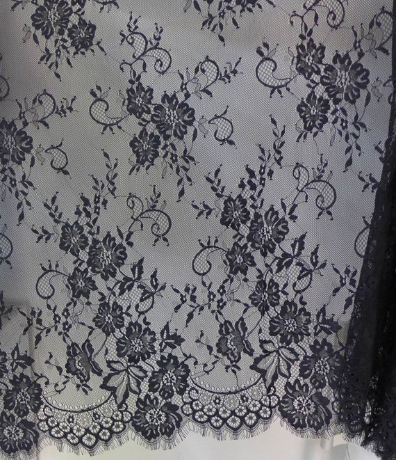 Black Floral Fabric Chantilly Lace Fabric Scalloped Eyelash