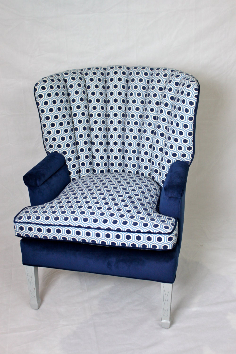 AVAILABLE Vintage Channel Back Chair Wing Back Chair in Navy