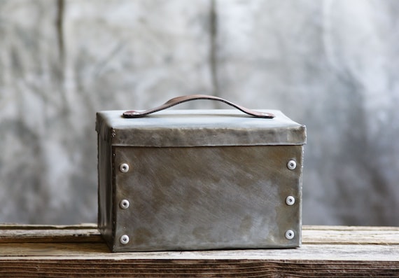 Industrial Steel Box with Leather Strap Handle