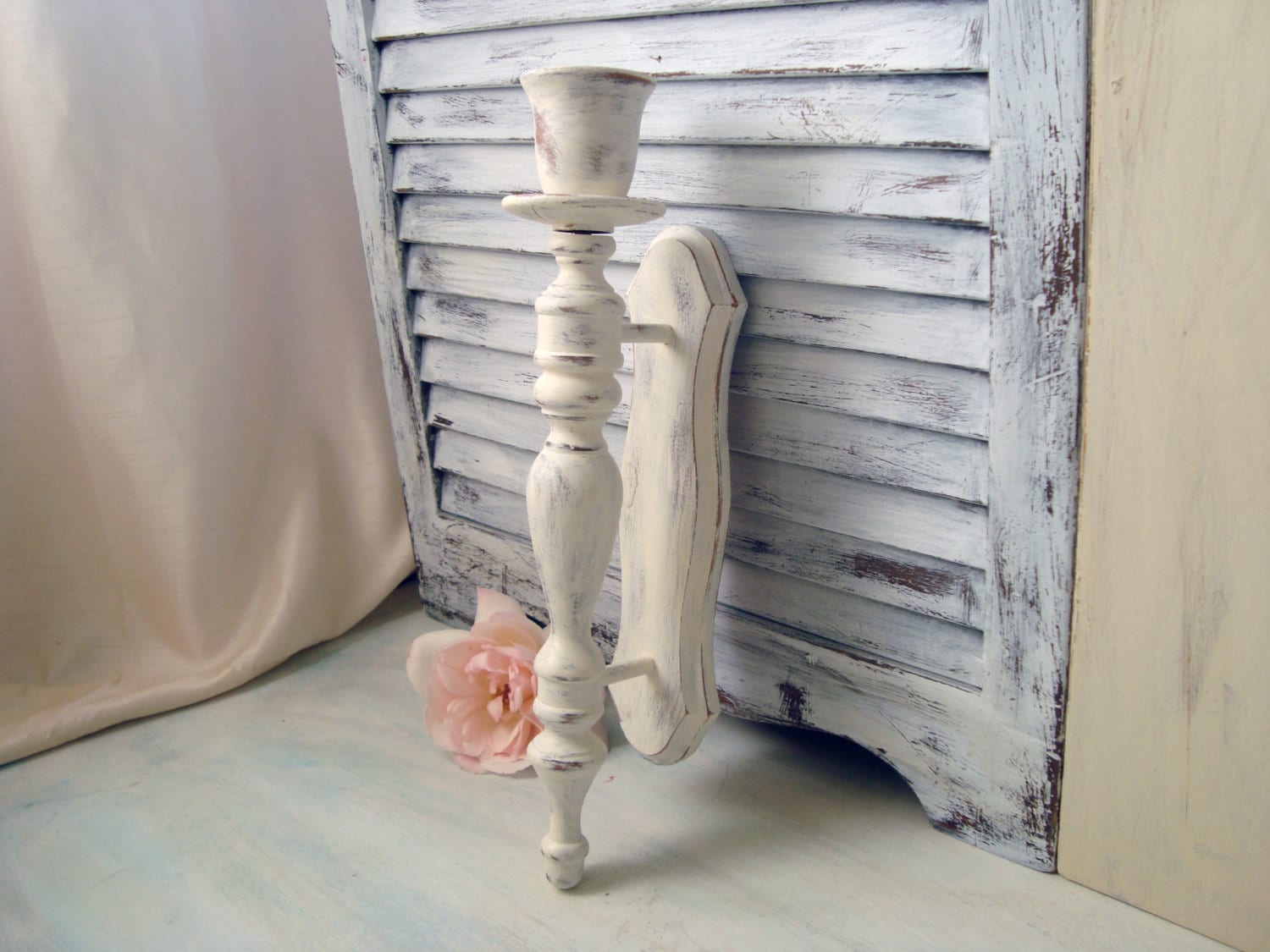 White Vintage Candle Wall Sconce Distressed Antique White