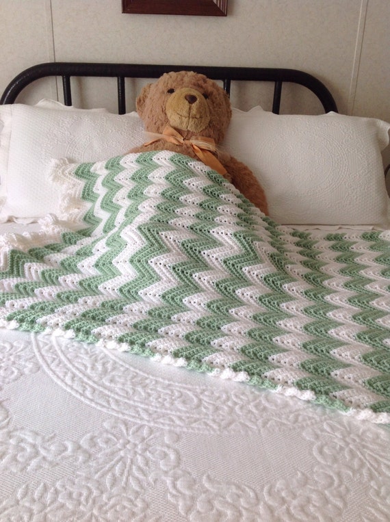 Hand Crocheted Baby Blanket/Afghan Green & white by YarnQueens