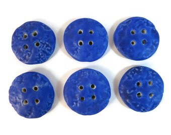 Six Bright Blue Handmade Ceramic Buttons