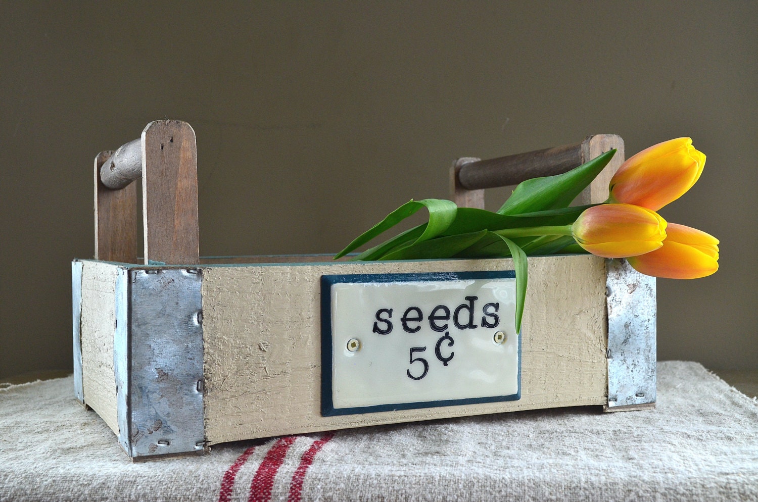 Wooden Tray Box with Enamel Look Tag and Wooden Handles