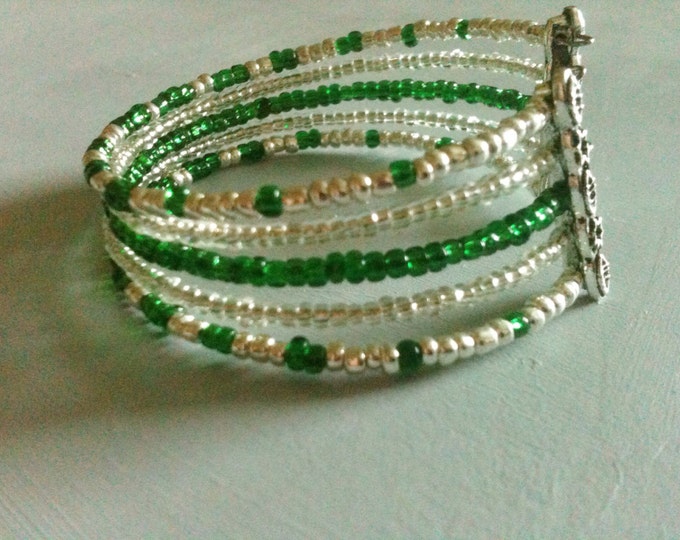 CLEARANCE! green and silver glass beaded cuff bracelet