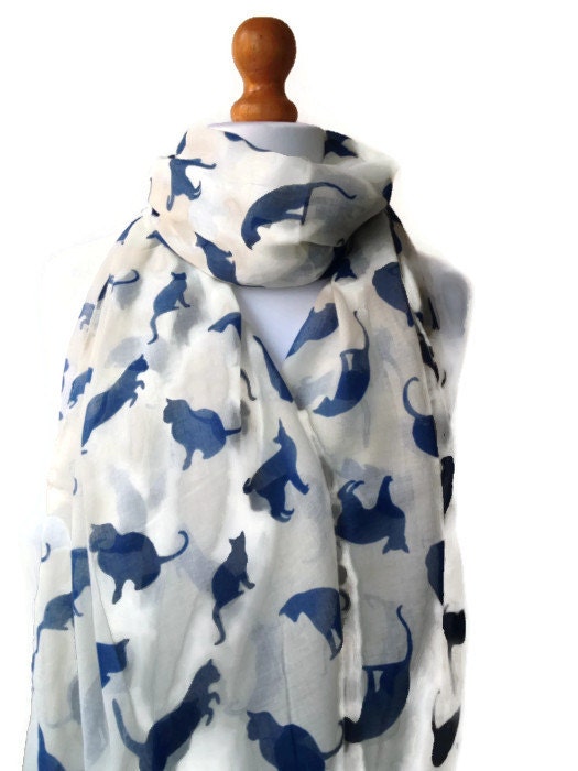  Cat  Print Scarf Ladies Cream and Navy  Blue  Scarf Cats  Wrap