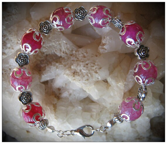 Handmade Silver Bracelet with Pink Dream Dragon Vein Agate & Roses by IreneDesign2011